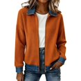 thumbnail image 3 of BODOAO Women's Ribbed Knit Zip Up Jacket, Denim Collar Cuff Patchwork Cardigan, Casual Long Sleeve Bomber Coat for Fall Winter Work, Vacation and Daily Wear Orange 2XL, 3 of 7