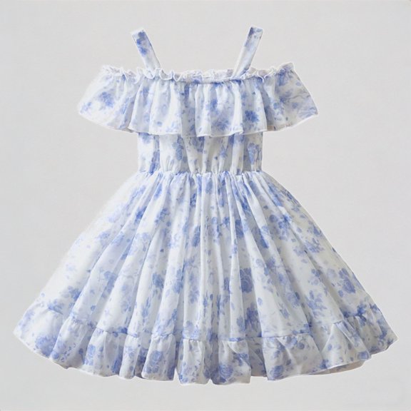 REDARER Girls Off Shoulder Floral Dress with Ruffle Trim & Spaghetti Straps Summer Casual Party Chiffon Dress for Kids,2-3 Years