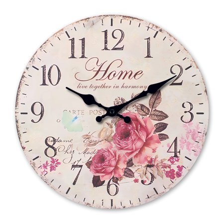Wood Rose Wall Clock for Bedroom - Rose Wall Clock Non Ticking - Flower Wall Clock for Women - Vintage Wall Clock Battery Operated 14 Inch