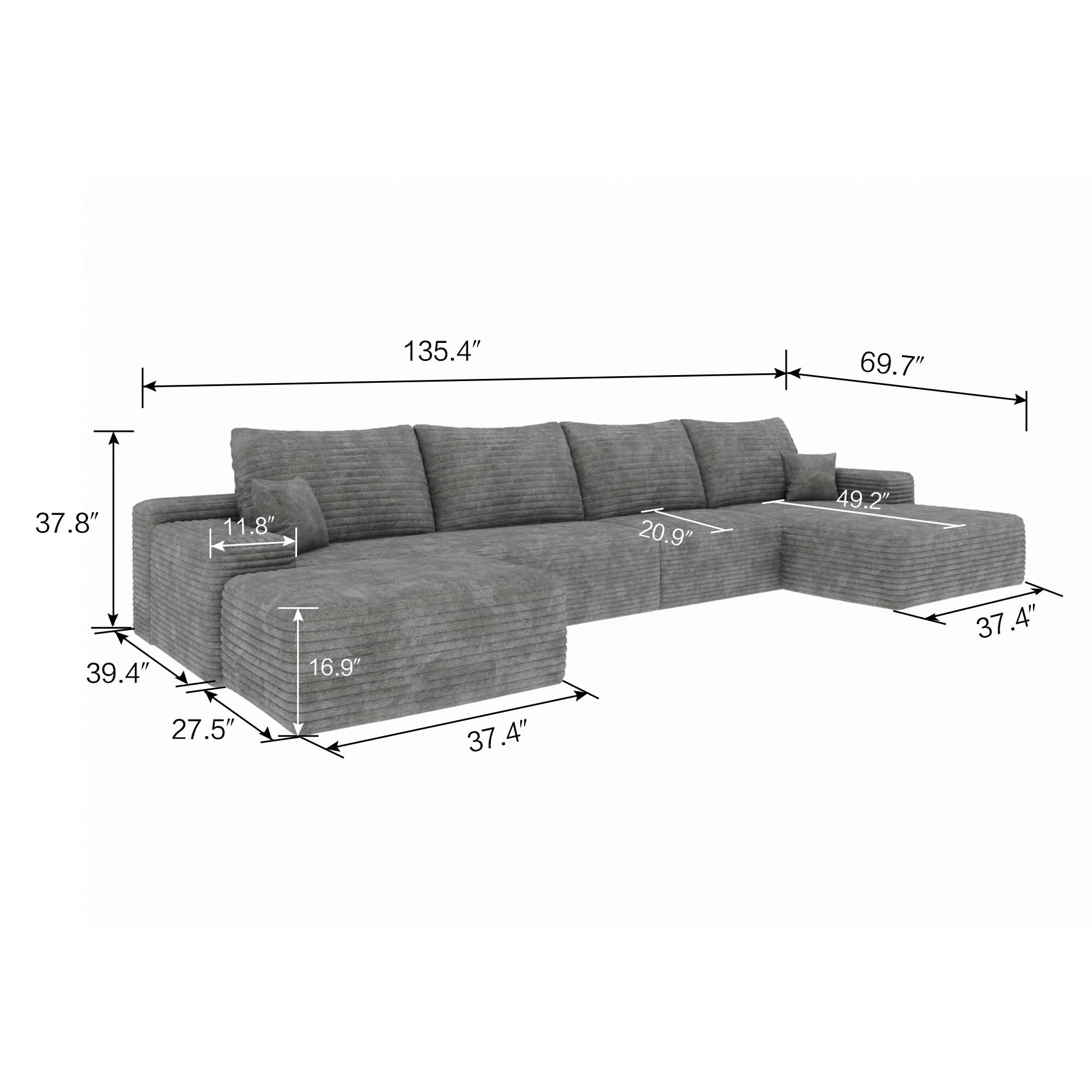 MAYEERTY 135" Cloud Sectional Sofa with Ottoman, U Shaped Deep Seat Couch, Plush Corduroy Fabric, No Assembly Required, Gray