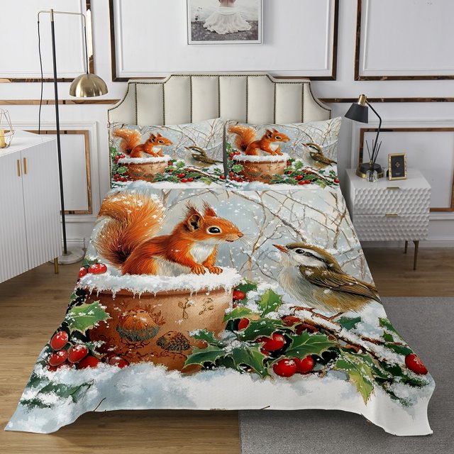 Erosebridal Cartoon Squirrel Bird Coverlet Set Queen, Botanical Tree Fruit Bedding Set, Microfiber 3 Pieces