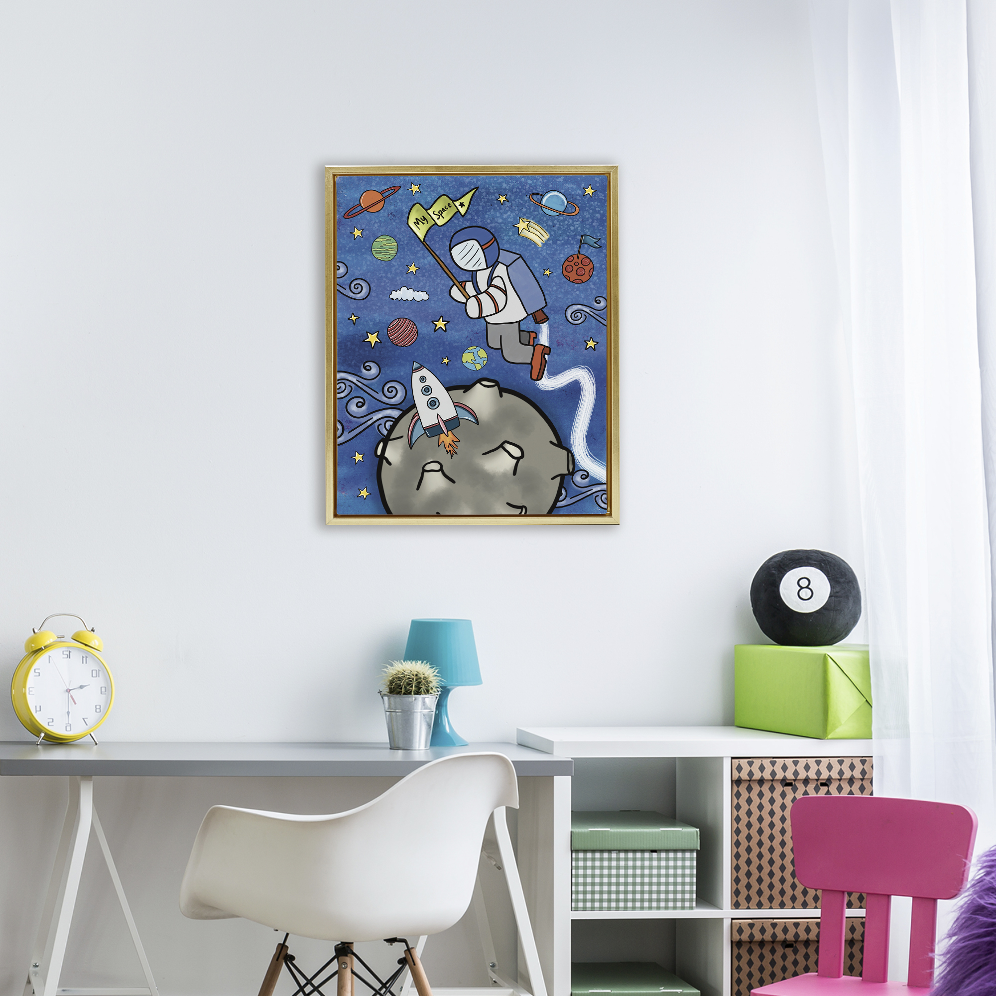 Astronaut Space Adventure Gold Framed Floater Canvas Wall Art, design by Jennifer Stith