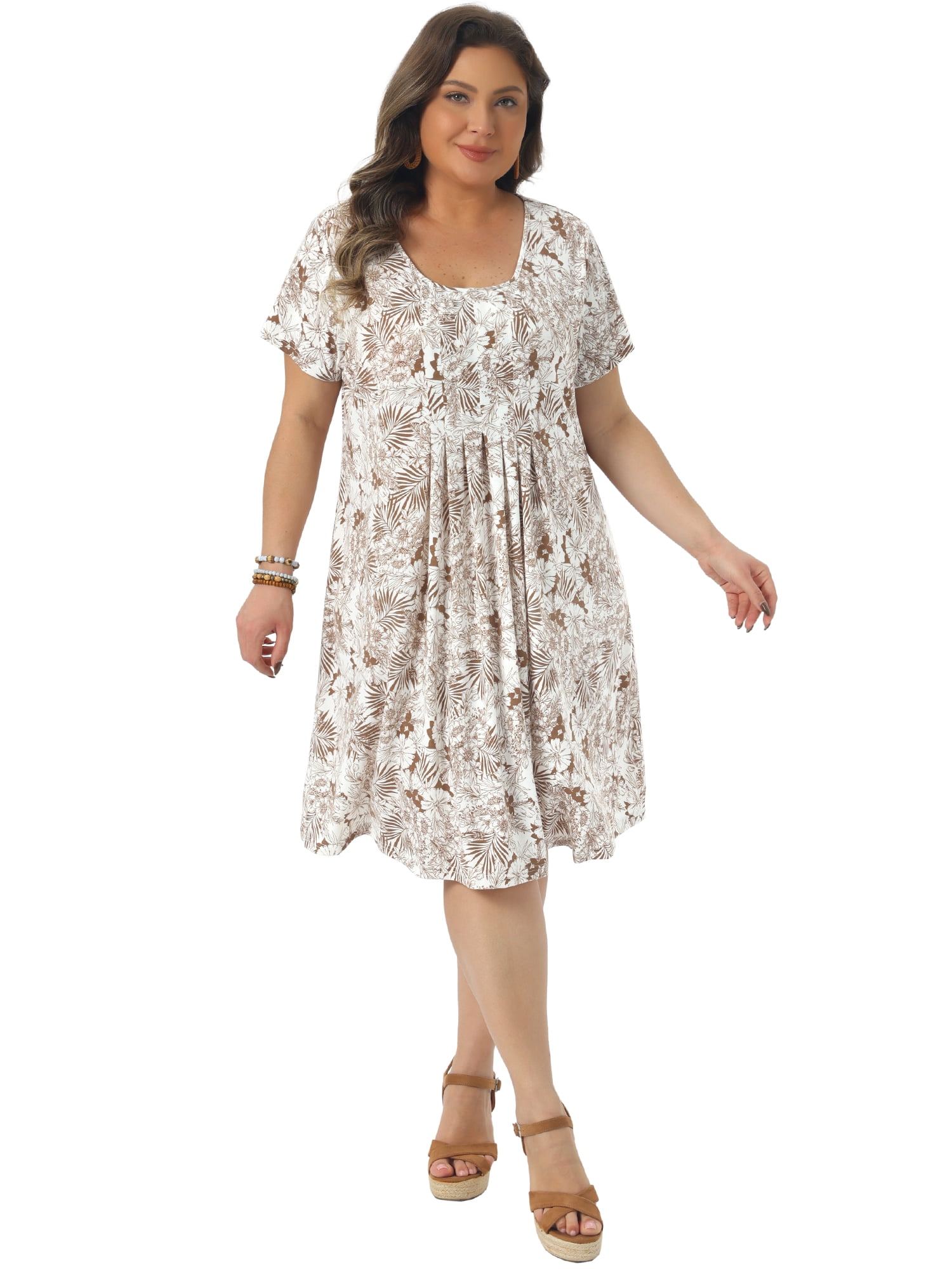 DARING DIVA Women's Plus Size Short Sleeves Pleated Loose Floral Dress 4X Brown