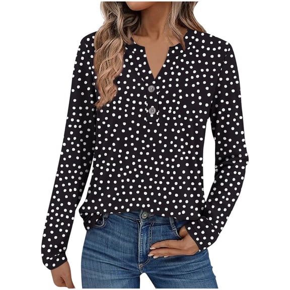 FamilyThread Women's Long Sleeve V Neck Shirt Button Down Shirts Dressy Polka Dot Fashion Blouse Fresh Style Fall Casual Tops