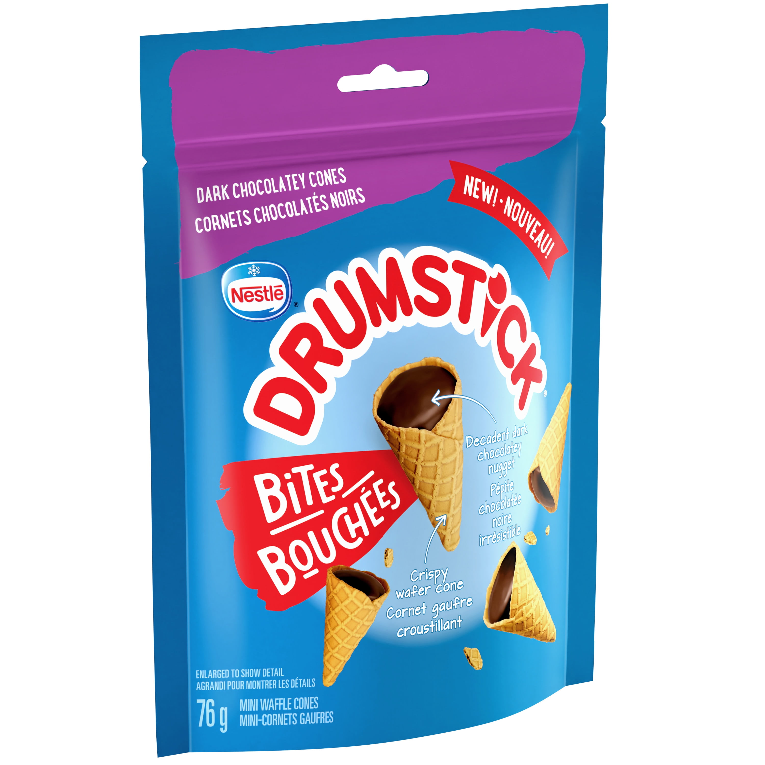 DRUMSTICK BITES, Decadent dark chocolatey bite-sized mini wafer cones, The last bite from Canada's favourite cone, 76 g