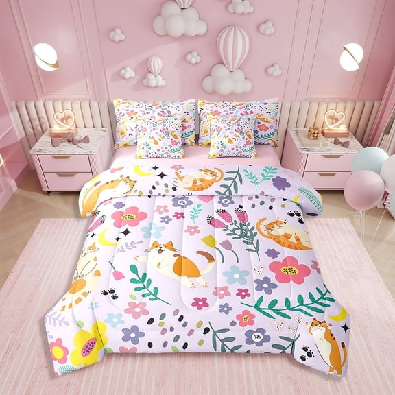 Floral Cat Comforter Set Full Size 7 Piece Bed in A Bag Cartoon Cat Bedding Set Teens Super Soft All Season for Bedroom Kawaii Woodland Flower Leaves Bed Sets 7pcs
