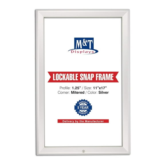 M&T Displays Lockable Snap Poster Frame 11x17 Silver Aluminum Picture Photo Document Sign Holder
