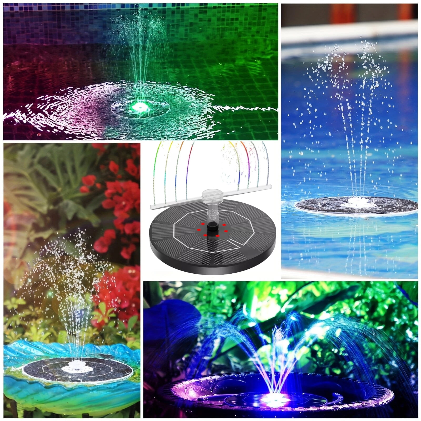 Soapow 8 LED Solar Fountain Pump, Bird Bath Fountains with Colorful Lights, 7 Nozzle and Fixer, Floating Rotating Water Fountain for Fish Tank, Garden, Pond, Outdoor, Swimming Pool and Aquarium