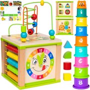 TOYVENTIVE Wooden Activity Cube, Montessori Toys for 1+ Year Old Girl, Multipurpose Educational Sensory Toy for Baby, Toddler, Kid | First Birthday Gift | Bonus First Words Book