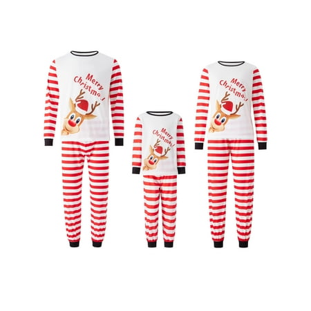 

Family Matching Christmas Pajamas Sets Long Sleeve Elk and Letter Print Tops + Striped Pants for Kids Adults