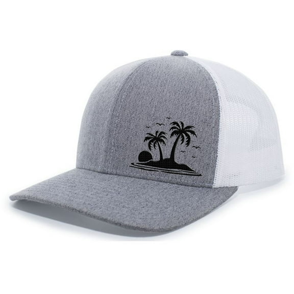 Tropical Palm Trees Beach Vacation Embroidered Mesh Back Trucker Hat, Heather Grey/White