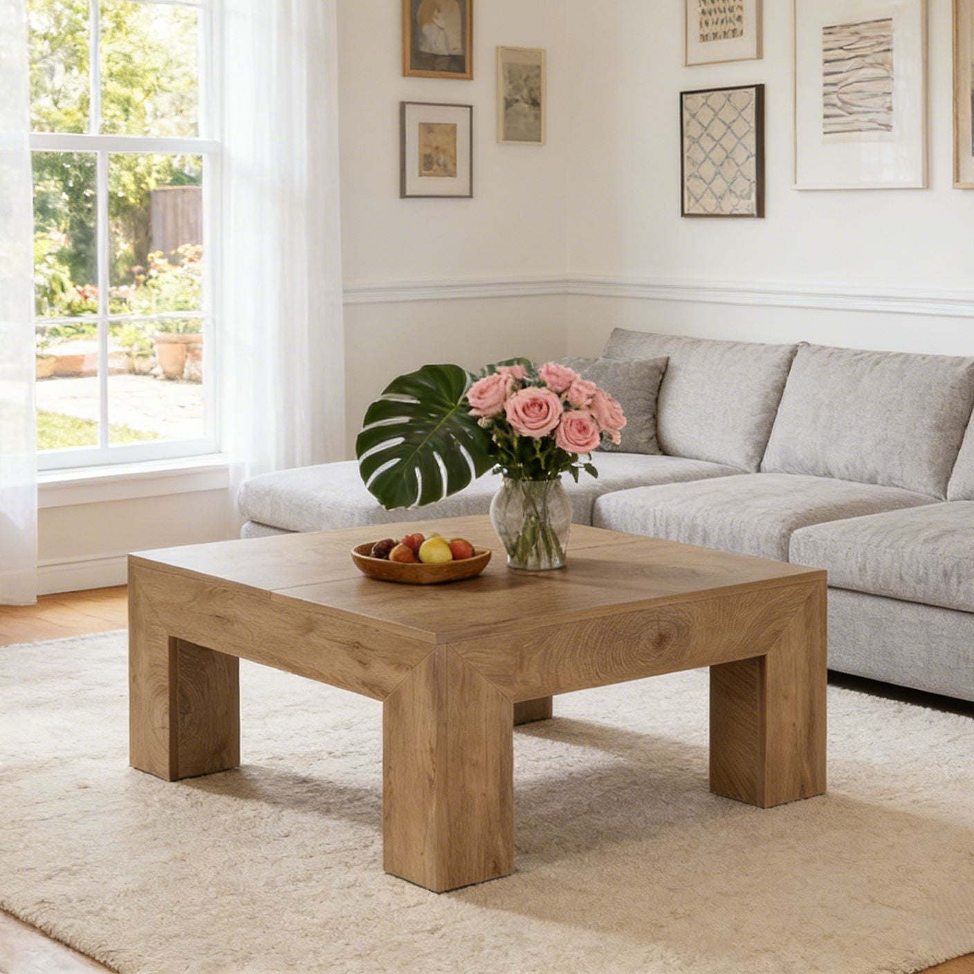 Fnova 39.4" Square Coffee Table, Farmhouse Wood Accent Center Cocktail Table with Sturdy Wooden Legs for Living Room, Easy Assembly