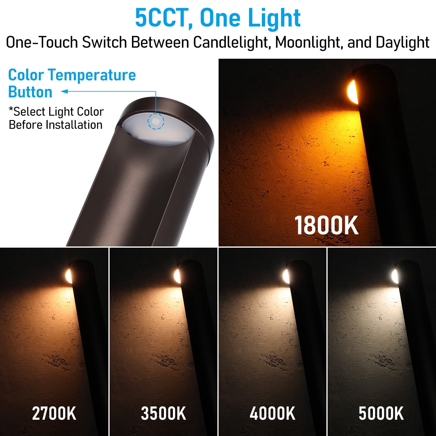 18 Pack 5CCT LED Landscape Pathway Lights, 12-24V Low Voltage, IP65 Waterproof Sidewalk Light for Patio Yard, Die-Casted Aluminum, 1800K/2700K/3000K/4000K/5000K, ETL-listed