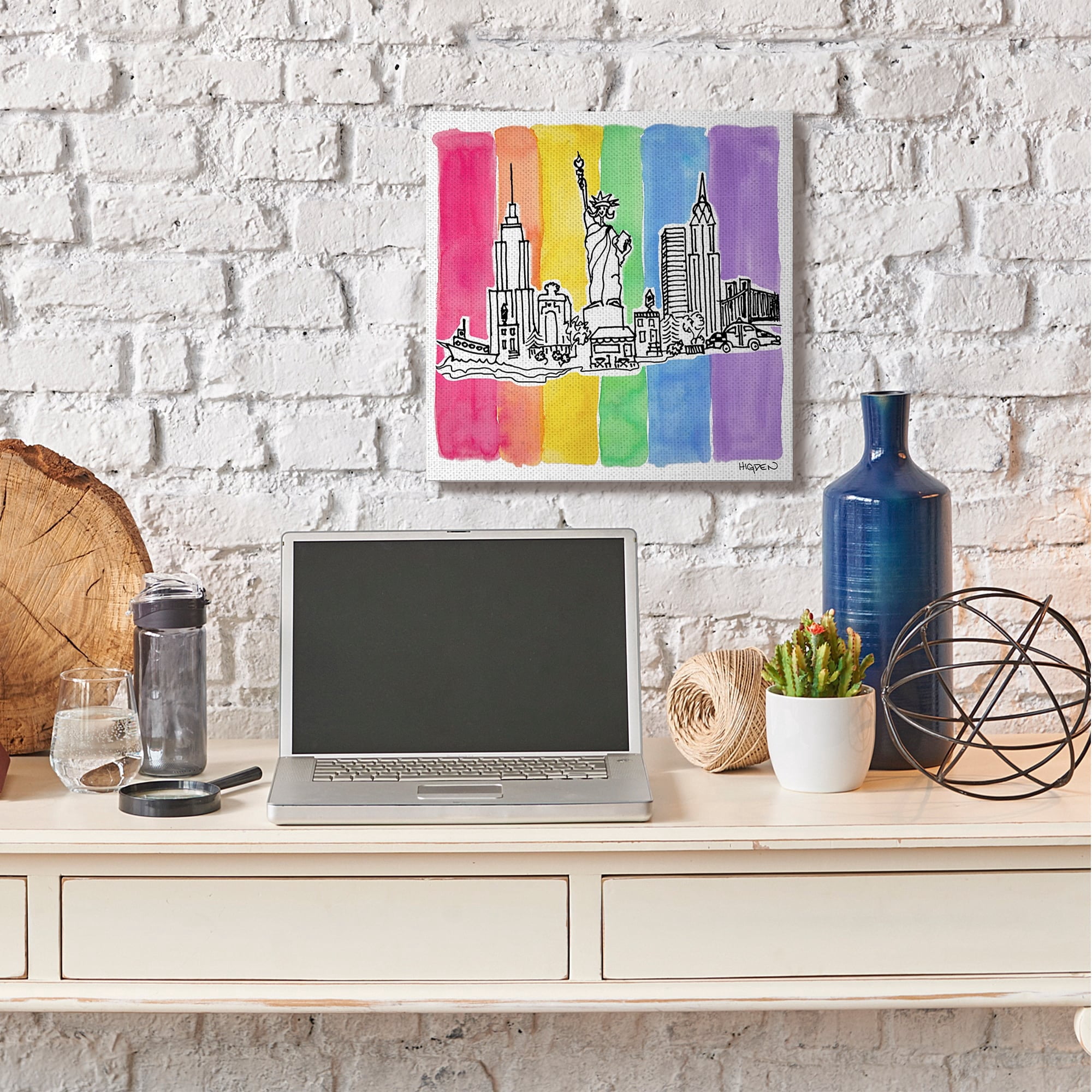 Stupell Industries New York City Skyline Bold Rainbow Stripe Pattern Canvas Wall Art by Mark Higden