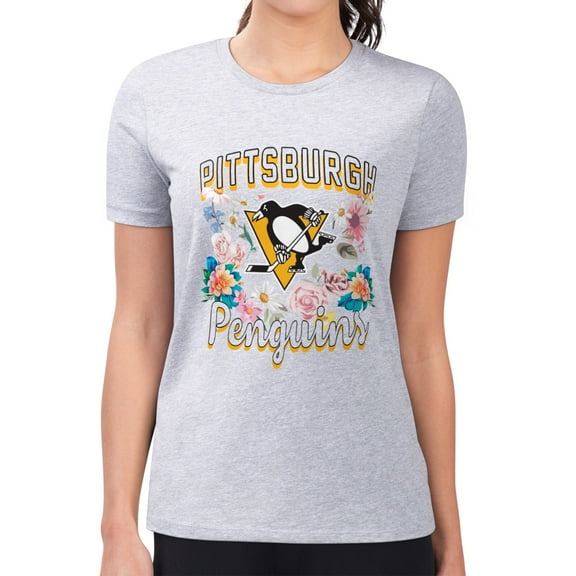 Women's G-III 4Her by Carl Banks Heather Gray Pittsburgh Penguins Super-Slim Fit Lightweight Flower Logo T-Shirt