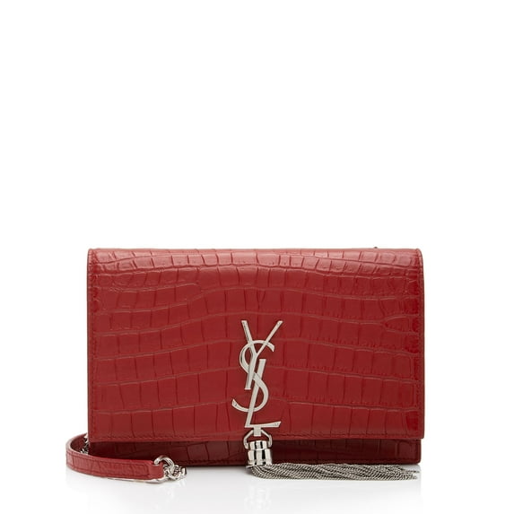 Pre-Owned Saint Laurent Croc Embossed Leather Monogram Kate Tassel Chain Wallet