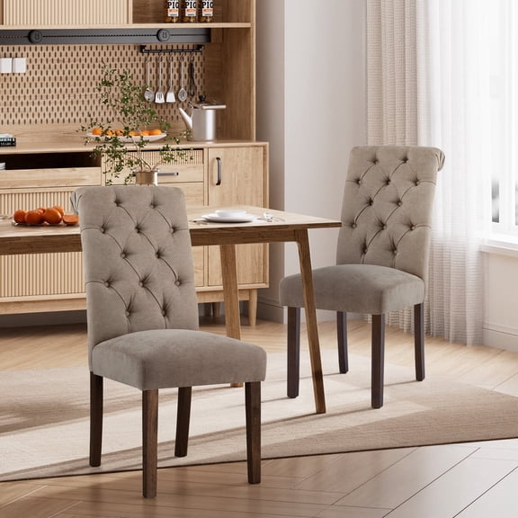 EOP Upholstered Dining Chairs Set of 2, Parsons Fabric Kitchen Chairs with Padded Seat, Button Tufted Armless Dining Side Chairs with Wood Legs, Taupe