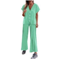 Scyoekwg Two Piece Outfits for Women Lounge Sets Solid Color Short Sleeve V-Neck Button Tops Wide Leg Pants Casual Tracksuit Sweatsuits Sets Loose Trendy Matching Sets (Green,L)