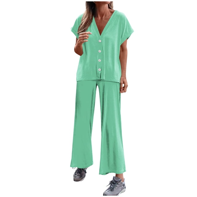 Besolor Lounge Sets for Women Short Sleeve Button down Tops with Wide Leg Pants Ribbed 2 Piece Outfits for Summer