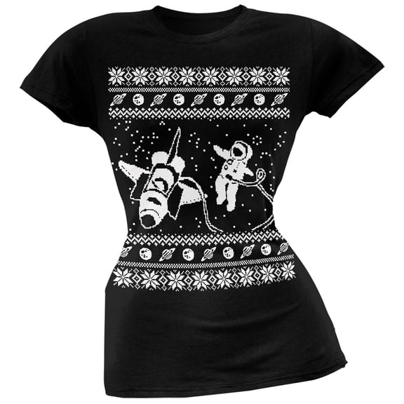 Astronaut in Space Ugly Christmas Sweater Black Soft Juniors T-Shirt - Medium