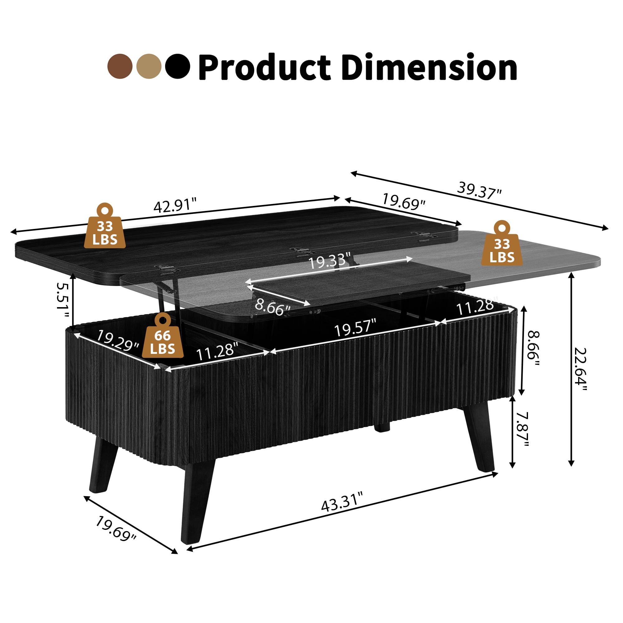 Wirrytor 3 in 1 Lift Top Coffee Table with Storage, Black Folding Desk for Small Spaces, Modern Center Table with Hidden Compartments for Living Room