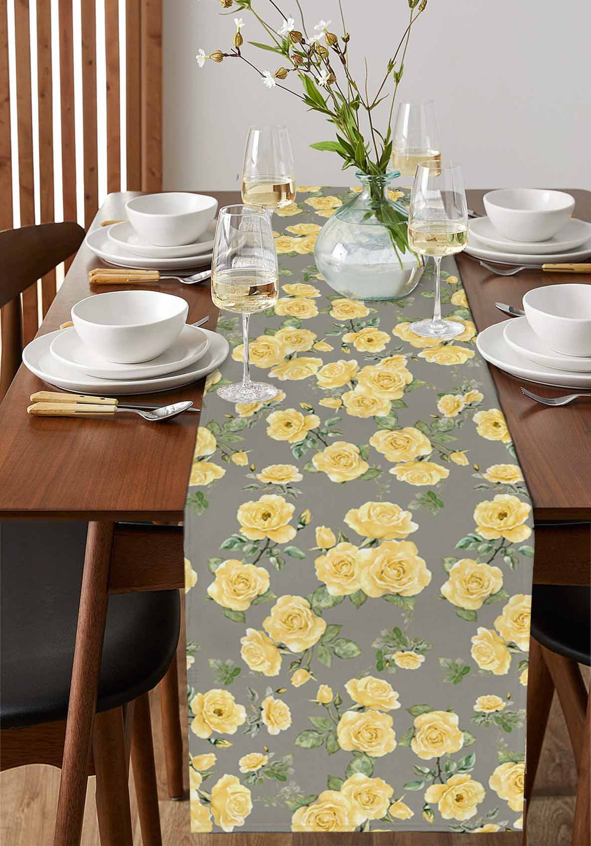 Yellow Floral Table Runner Cotton Linen 108 Inch Holiday Dresser Scarves, Farmhouse Garden Flowers Botanical Tablerunner for Kitchen Coffee Dining Bedroom Living Room Dinner Scarf Décor 13''x108''