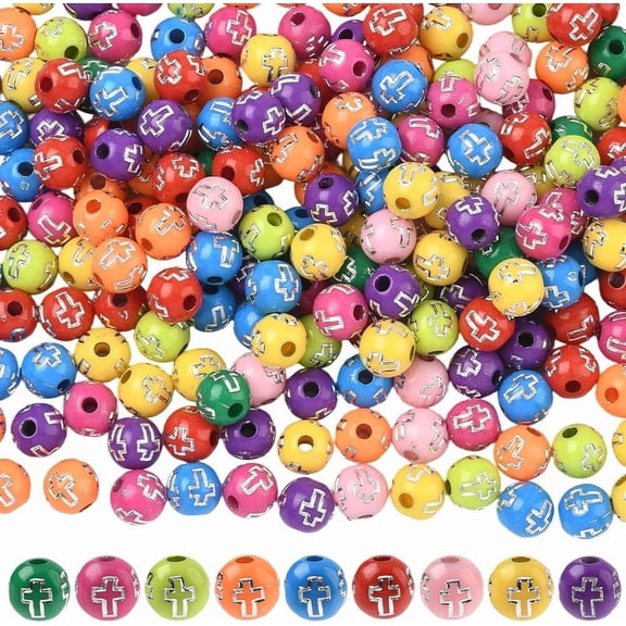 1 Box About 500Pcs Round Cross Beads Acrylic Cross Bead Bulk Small 8MM Plastic Plating Colorful Ball Western Crucifix Spacers