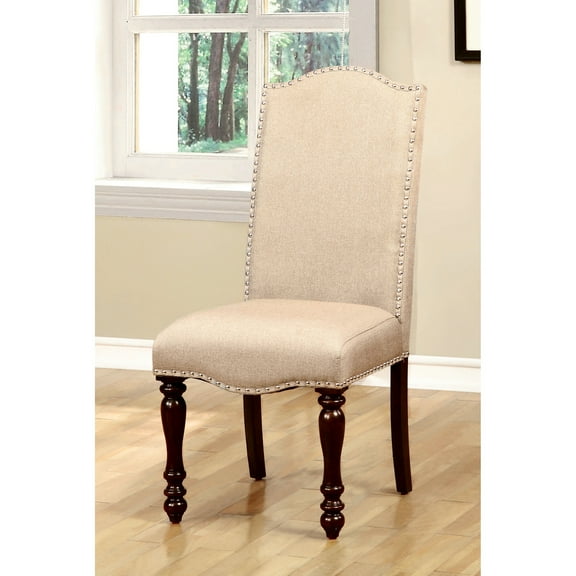 Transitional Side Chairs (2pc) - Beige Fabric, Antique Cherry, Turned Legs For Dining Area 2pc Seating Cherry Finish, Wood Chair
