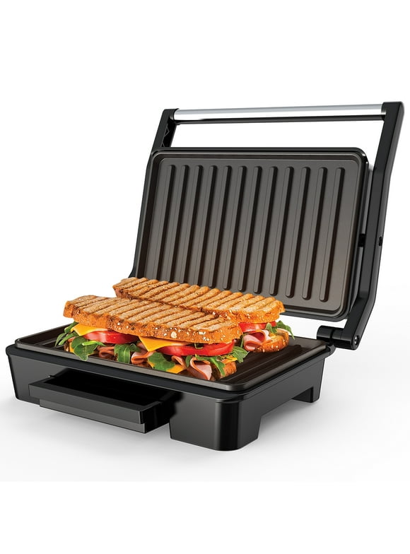 'Panini Press Grill, Stainless Steel Sandwich Maker with Double Non-Stick Coated Plates & Removable Drip Tray, 10.6" W x 8.7" H x 3.5" D)