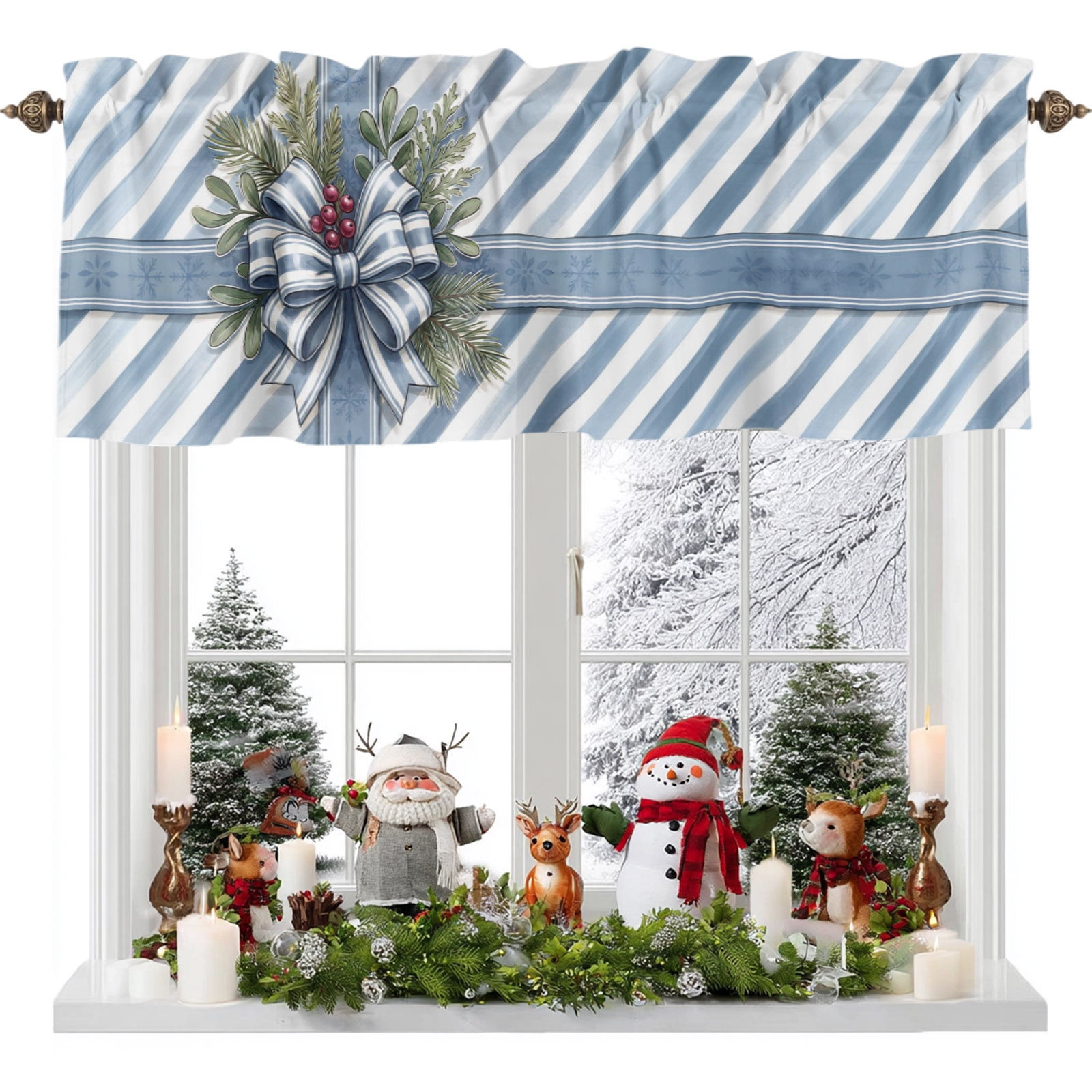 Christmas Valances for Windows Farmhouse Kitchen Curtains Valances Rod Pocket Valance Curtains for Windows Xmas Gifts Blue Stripes Bows Leaves Ribbon Window Valances for Bathroom Bedroom 42 x18