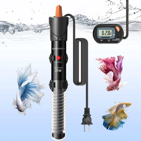 Tawatiler Aquarium Heater, 25W Small Submersible Fish Tank Heater with Digital Thermometer, Suitable for Marine Saltwater and Freshwater up to 3-5 Gallon