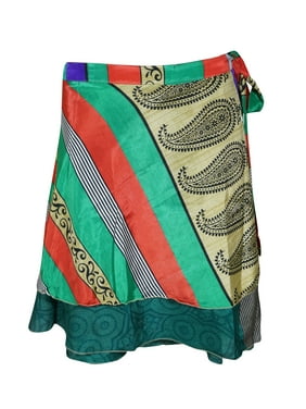 Mogul Women Teal Green Silk 2 Layer Sari Reversible Mini Printed Wrap Around Skirts