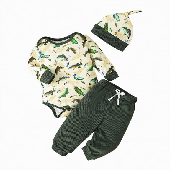 mgoYE Newborn Infant Baby Boy Fishing Outfit Embroidery Long Sleeve Romper   Pants   Hat 3Pcs Set Fall Clothes(Green,12-18 Months)