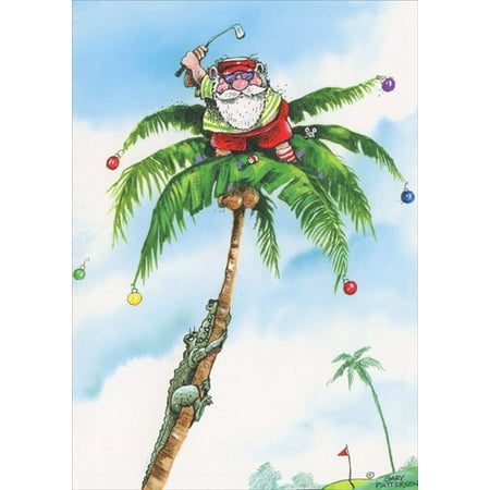 Palm Tree Stationary - LPG Greetings Golfer Santa on Top of Palm Tree Box of 18 Gary Patterson Tropical Holiday Cards