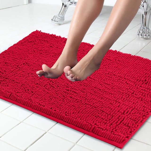 Alfombra de baño de chenilla de felpa absorbente de agua para ducha, color rojo, 61 x 40 cm
