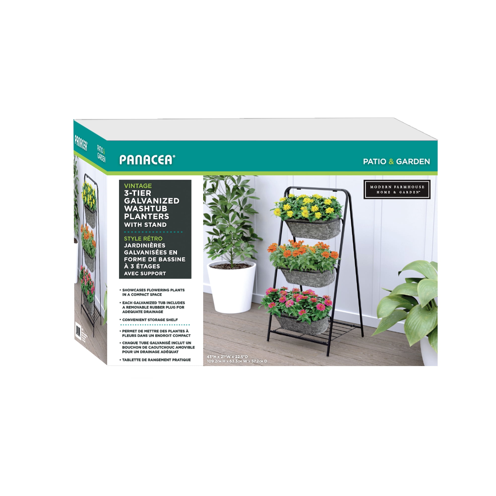 Panacea Large Oval Galvanised Metal Planter 3 Tier Washtub Style with Drainage Holes for Indoor/Outdoor