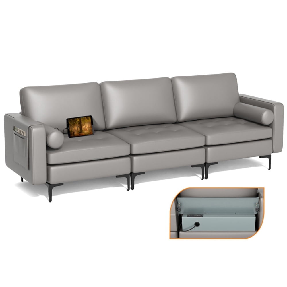 Demi Bonn 97" Modular 3-Seat Sofa Couch with Socket USB Ports and Side Storage Pocket for Living Room, Bedroom, Light Gray