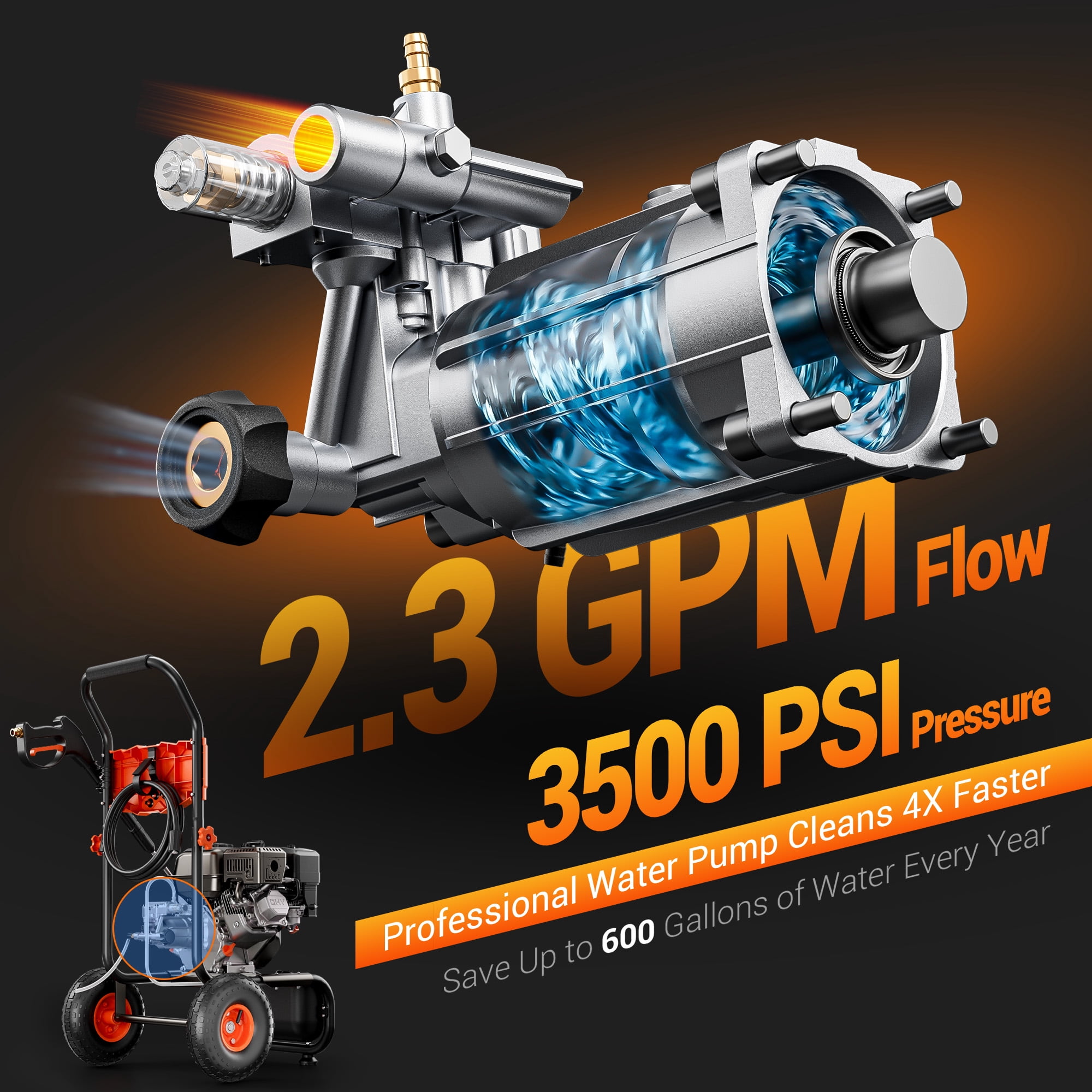 Efurden 3500PSI Gas Pressure Washer, 212CC Engine 2.3GPM, 4 Adjustable Nozzles for Wall, Terrace, Car & Garden Cleaning, Orange
