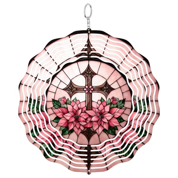 Pink Poinsettia Cross 3D Wind Spinner Kinetic Hanging Garden Decor Yard Art