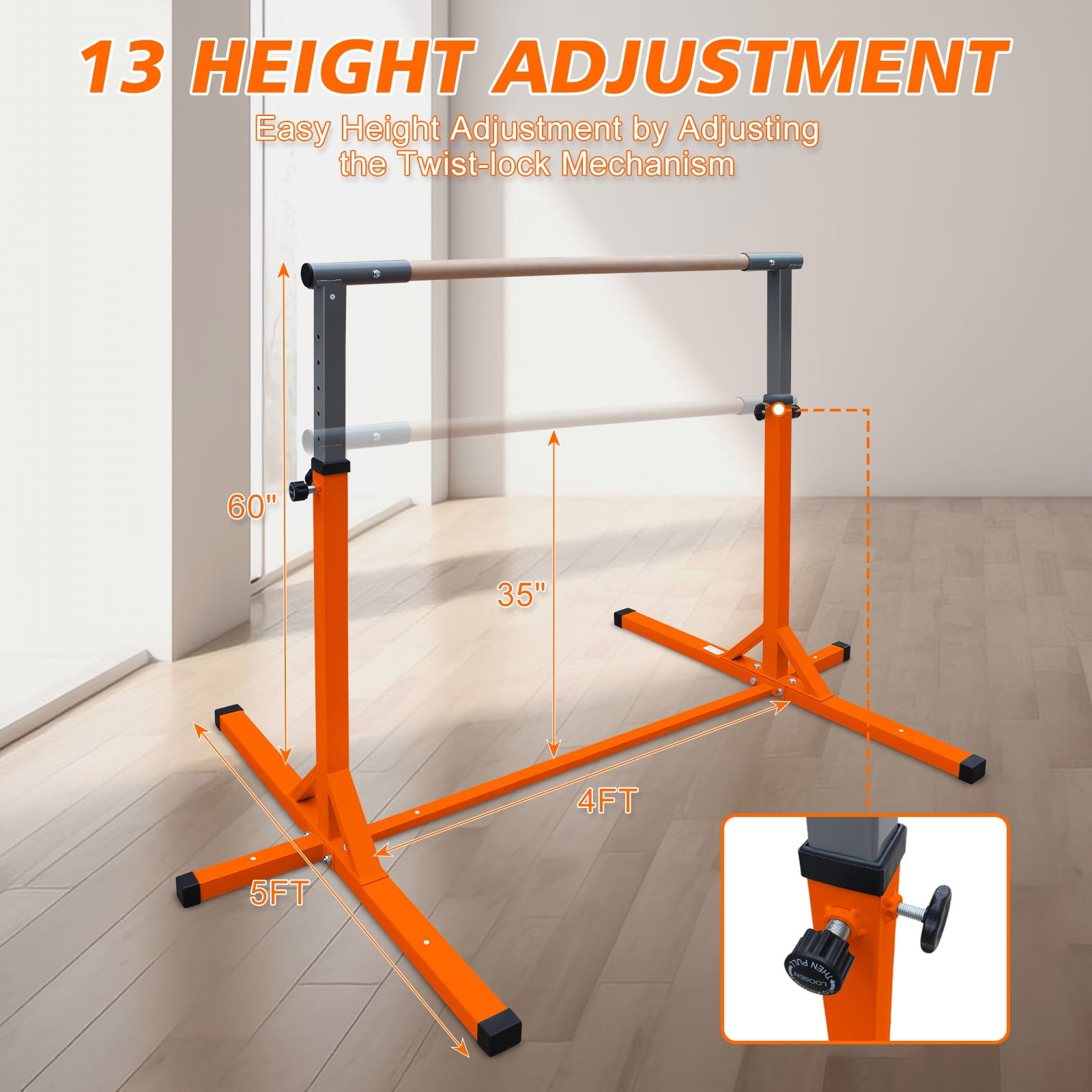 Exercise Equipment Gymnastics Bar for Kids, Adjustable Height Gym Bar, Junior Training Kip Bar for Home, Built for kids 3+ Years Orange,Workout Equipment