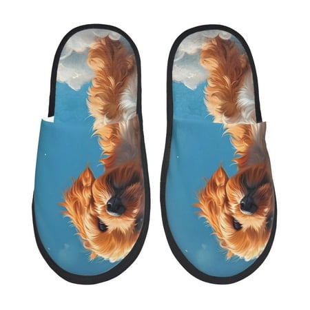 

Fuzoiu Blue Sky Cloud Puppy Print Unisex Furry Slippers Plush Indoor Shoes Trendy House Slippers Anti-Skid EVA Sole House Shoes for Home Office and Travel -Medium
