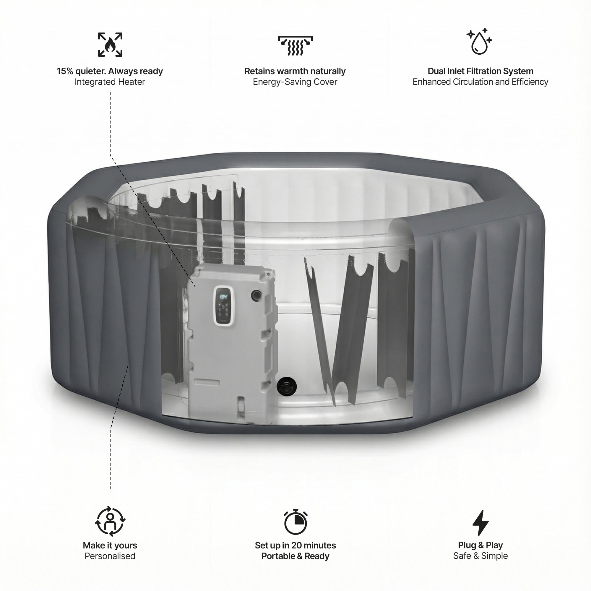 Wave Aegean 6-Person Inflatable Hot Tub | Integrated Eco Heater | 130 Aquajet Massage System | Anti-Freeze Protection | Quick 15-Minute Setup | Dark Gray