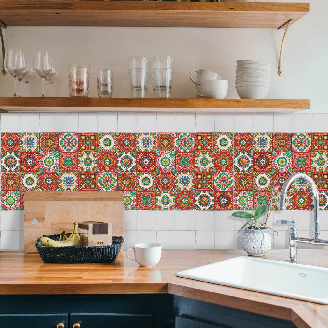 24 Piece Self Adhesive Tiles Stickers Kitchen Backsplash 8" x 8" Red Green Flowers Pattern Wall Decals DIY Peel and Stick Waterproof Tile