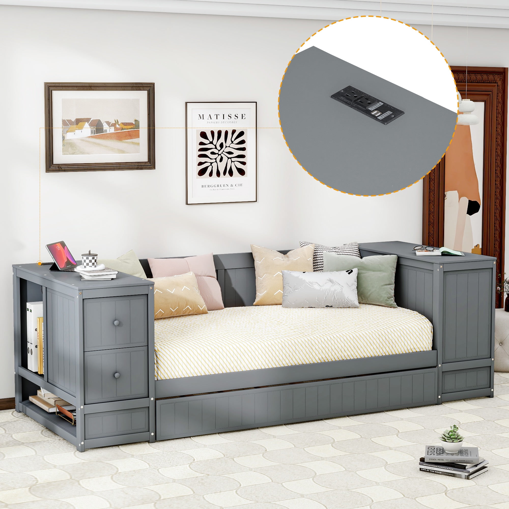 Euroco Wood Twin Size Daybed with Trundle, Storage Cabinets with Shelves and Drawers, Charging Station Sofa Bed, Gray