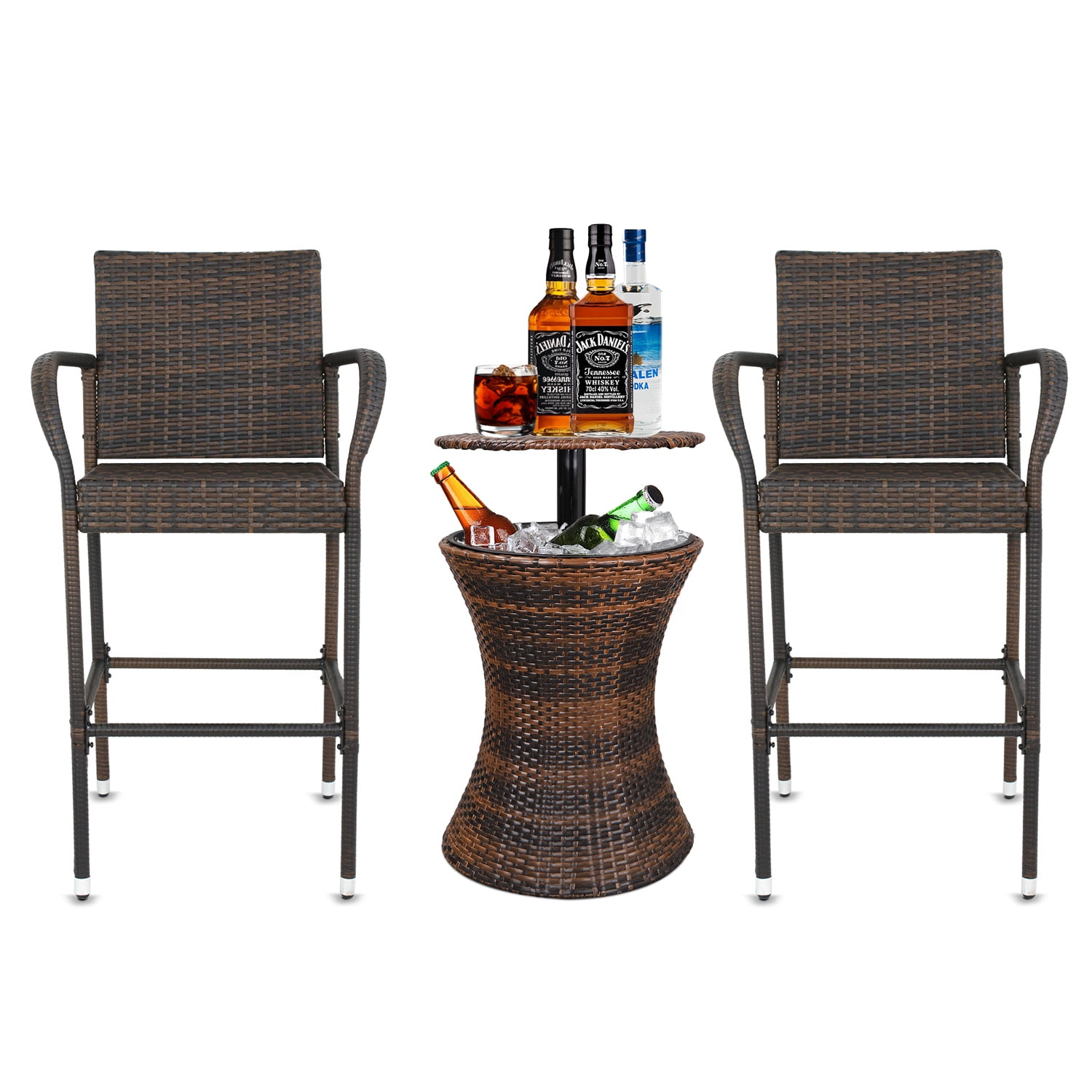 two rattan wicker barstools armrest chairs  cool bar ice bucket bar table  cooler outdoor indoor party pool stool sets