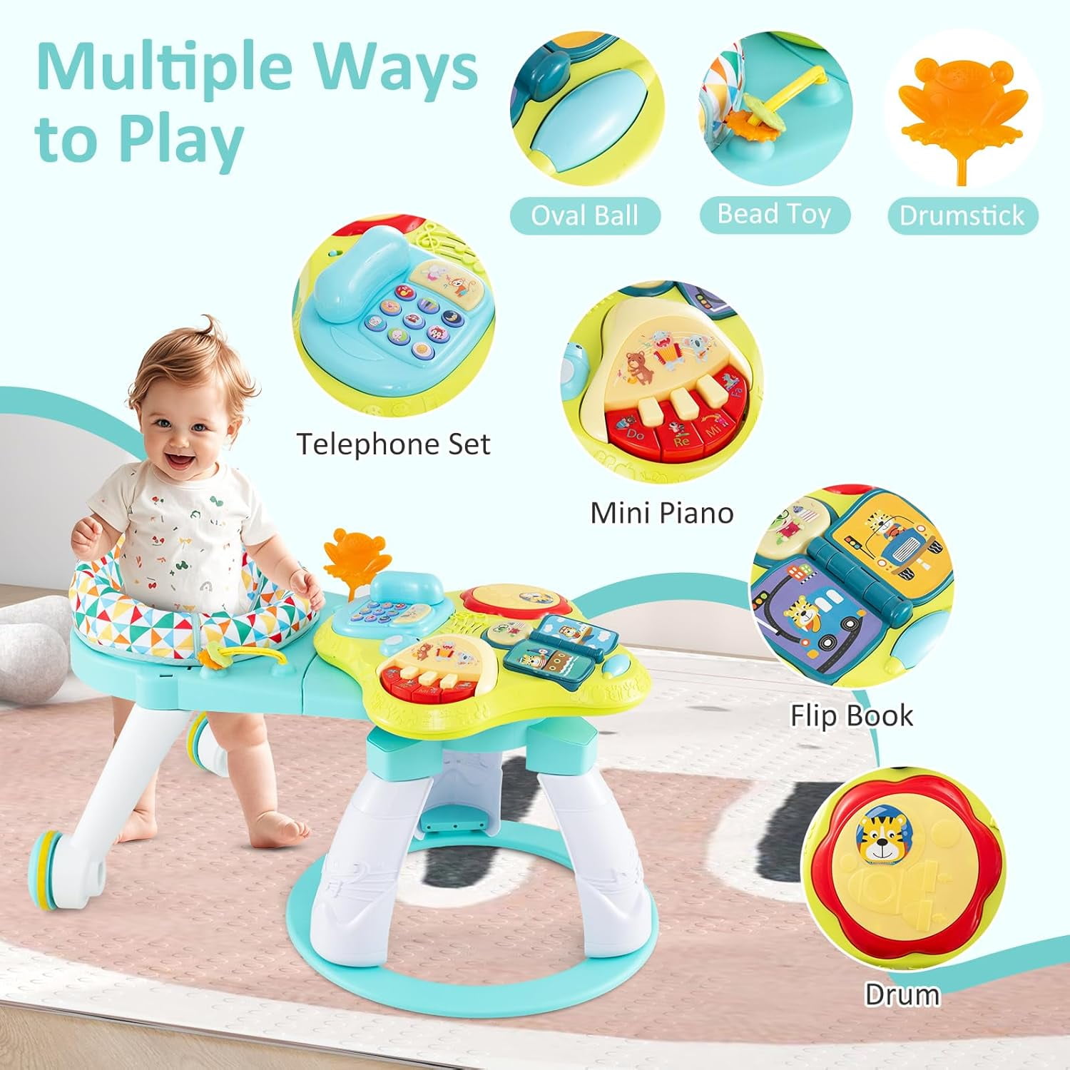 INFANS 3 in 1 Walk Around Baby Activity Center, Baby Walker with Play Table, Wheels, Detachable Seat Cushion, 3 Adjustable Heights, Learning Toys for Boys Girls Aged 6-36 Months
