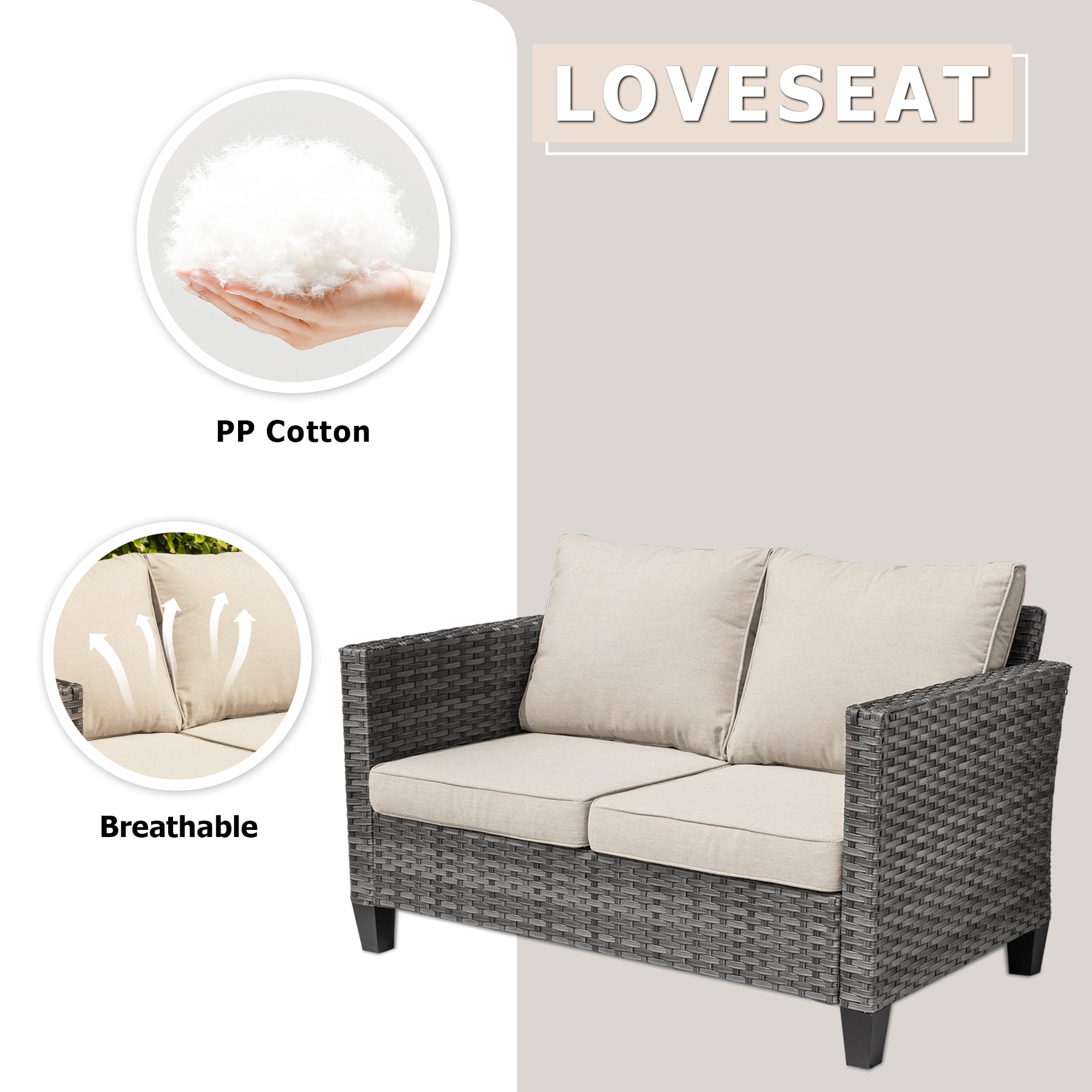 XIZZI Outdoor Furniture 50" Loveseat Sofa Couch with Gray Wicker Rattan(Beige Cushion)