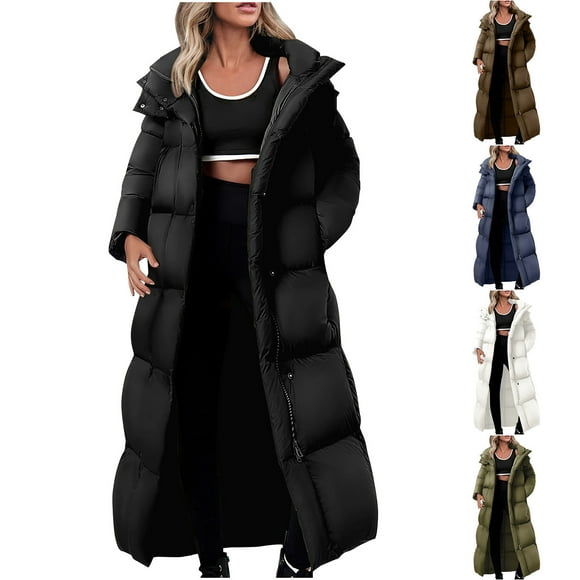 JURANMO 2024 Trendy Down Jackets for Women Maxi Winter Coat Solid Color Hooded Long Quilted Jackets with Pockets Deals of the Day Brown M