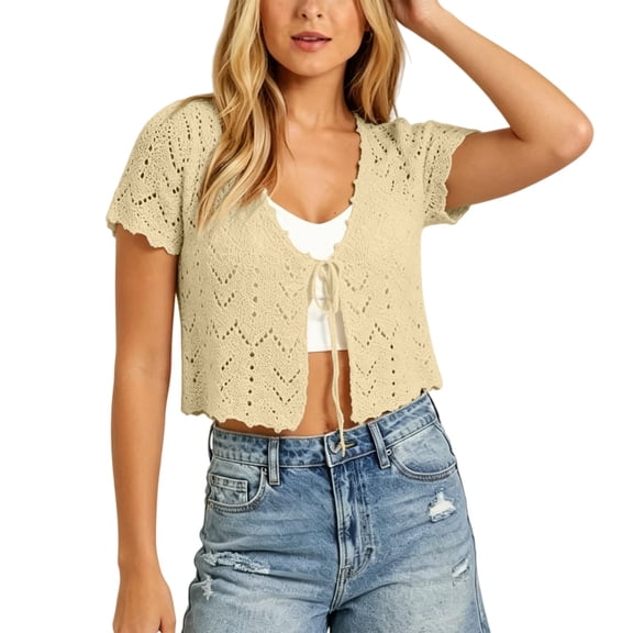 GILIGEGE Women Crochet Shrug Knit Sweater,Spring Summer Beach Short Sleeve Shrug Cropped Boho Lightweight Sweater,Cover Up Tie Front Tops For Evening Dresses Casual Eyelet Shawl Thin Formal Beige L