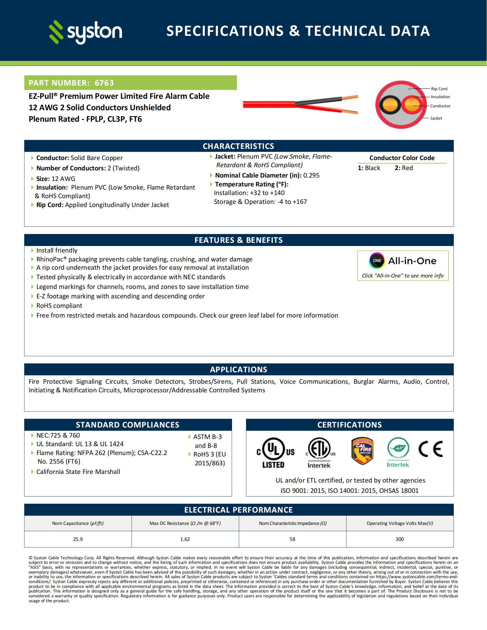 Syston Fire Alarm Security Burglar Station Wire Cable, 12/2 500ft Solid Copper FPLP/CL3P/FT6/CMP Plenum-Rated Unshielded UL/ETL Listed, 12 Gauge 2 Conductors UV Resistant RoHS for Indoor/Outdoor Use